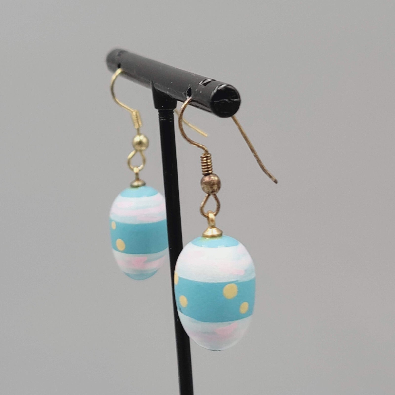 Vintage Blue Easter Egg Pierced Earrings Hand Painted Wood Dangle 7/8"