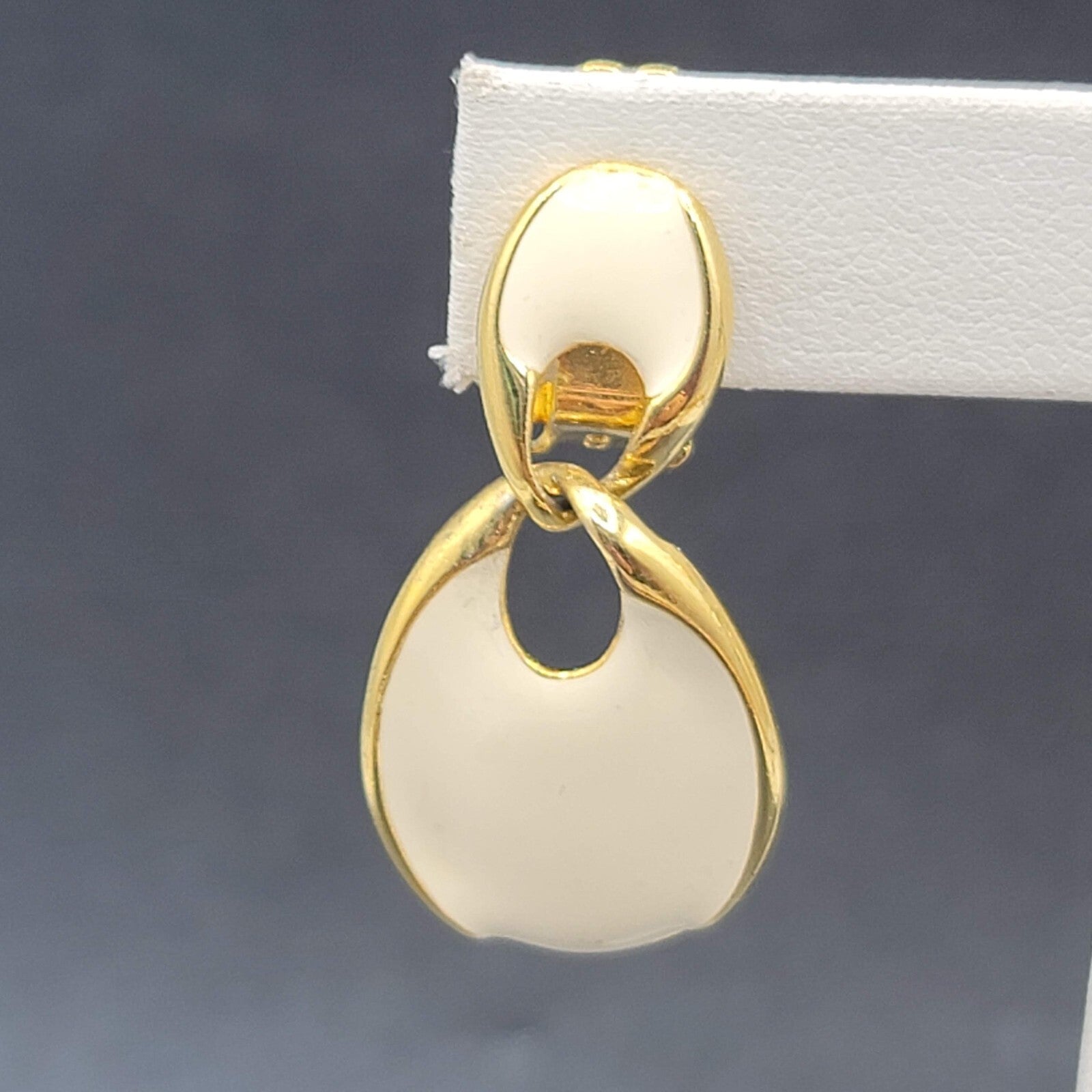 Vintage Clip on Earrings Gold Plate White Enamel Dangle 1.5"