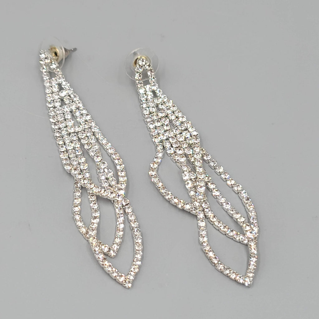 Silver tone Rhinestone Pierced Earrings Long Loop Statement 2.75"
