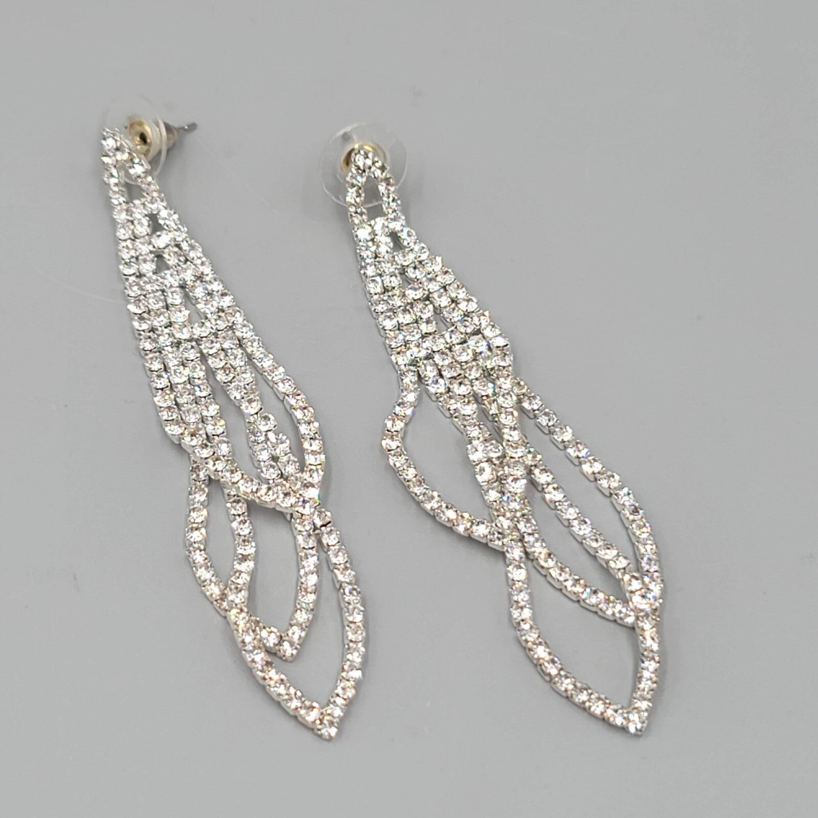 Silver tone Rhinestone Pierced Earrings Long Loop Statement 2.75"
