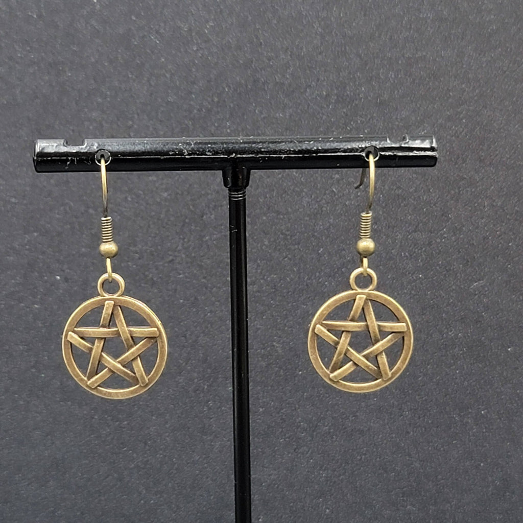 Pierced Earrings Bronze tone Round Pentacle Pentagram Dangle 3/4"
