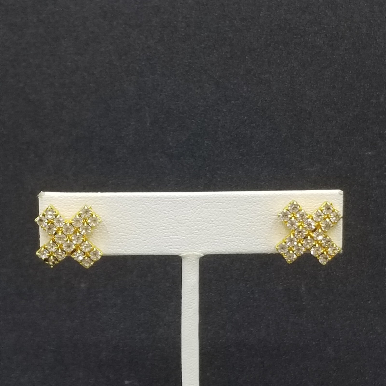 Pierced Earrings Gold tone Crystal X Statement Stud 1/2"