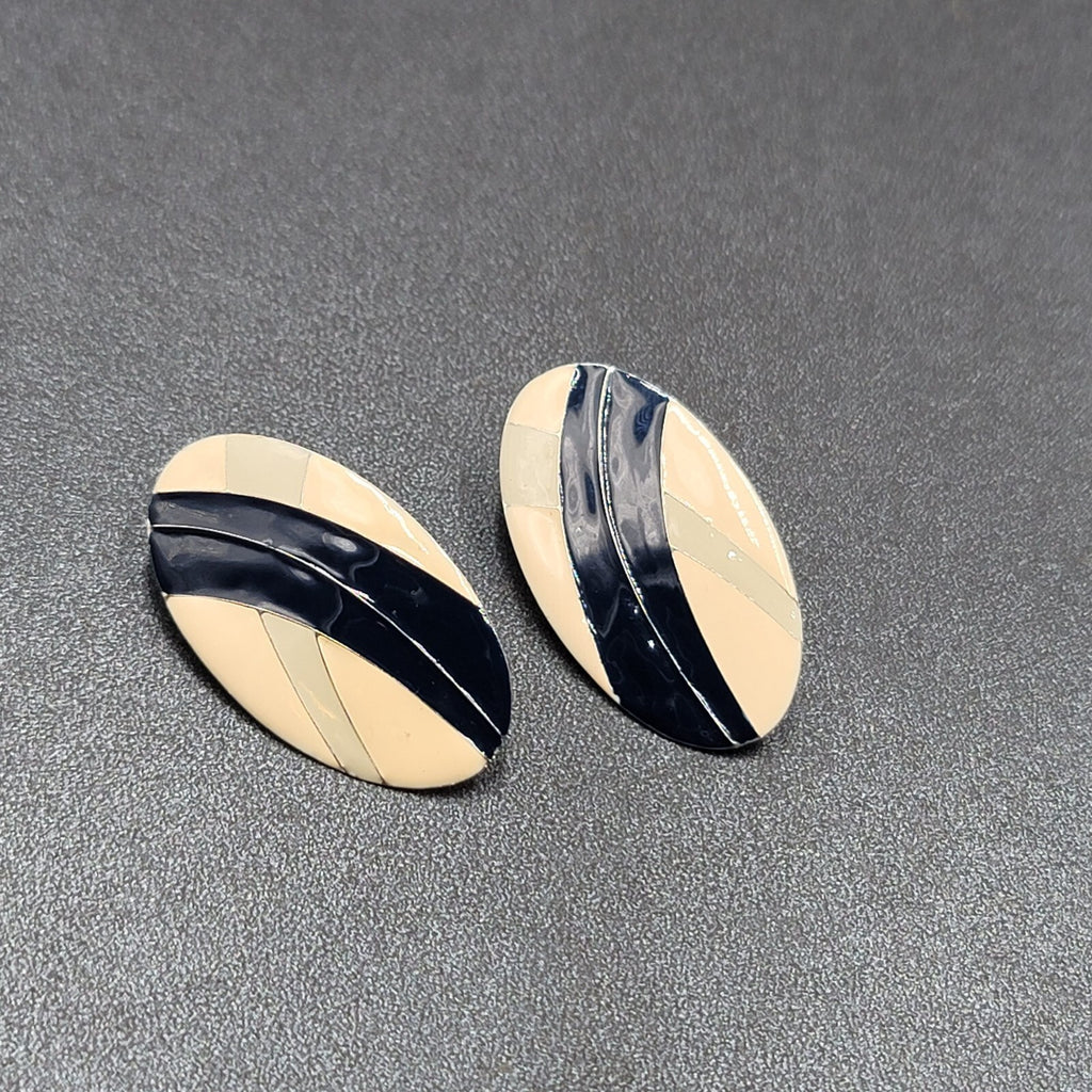 Vintage Pierced Earrings Tan Blue Oval Enamel Drop 1.5"