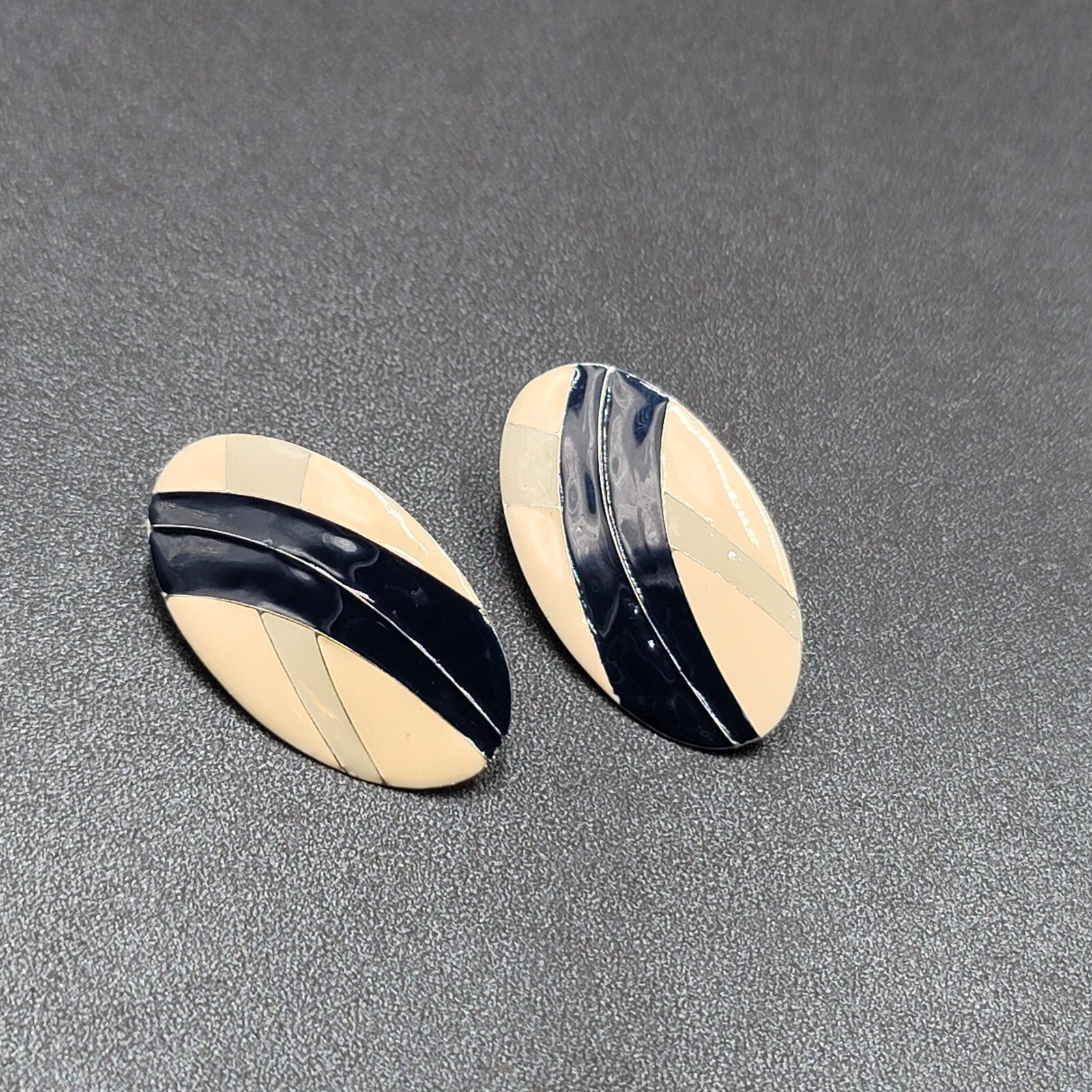Vintage Pierced Earrings Tan Blue Oval Enamel Drop 1.5"