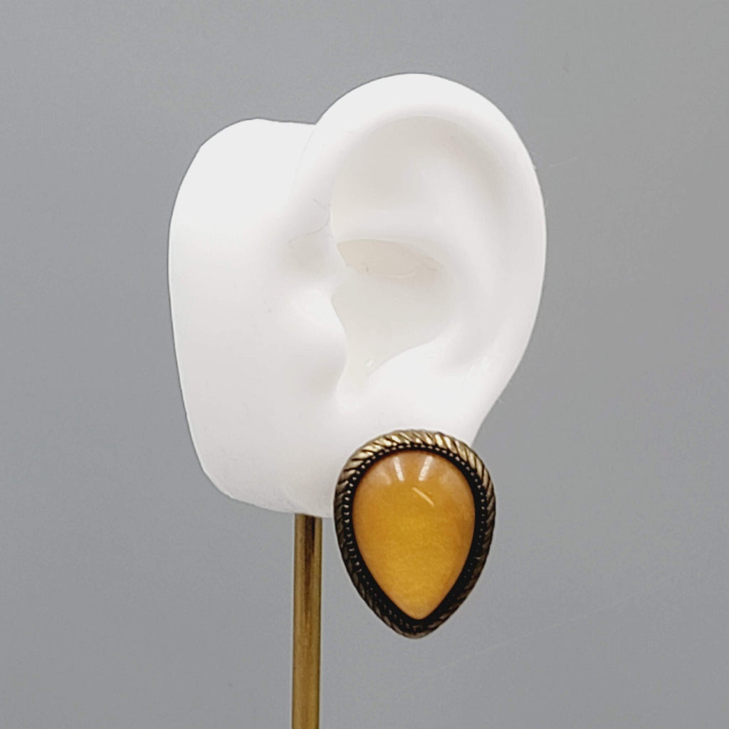 Reverse Teardrop Pierced Earrings Bronze tone Yellow Dome Drop 1"
