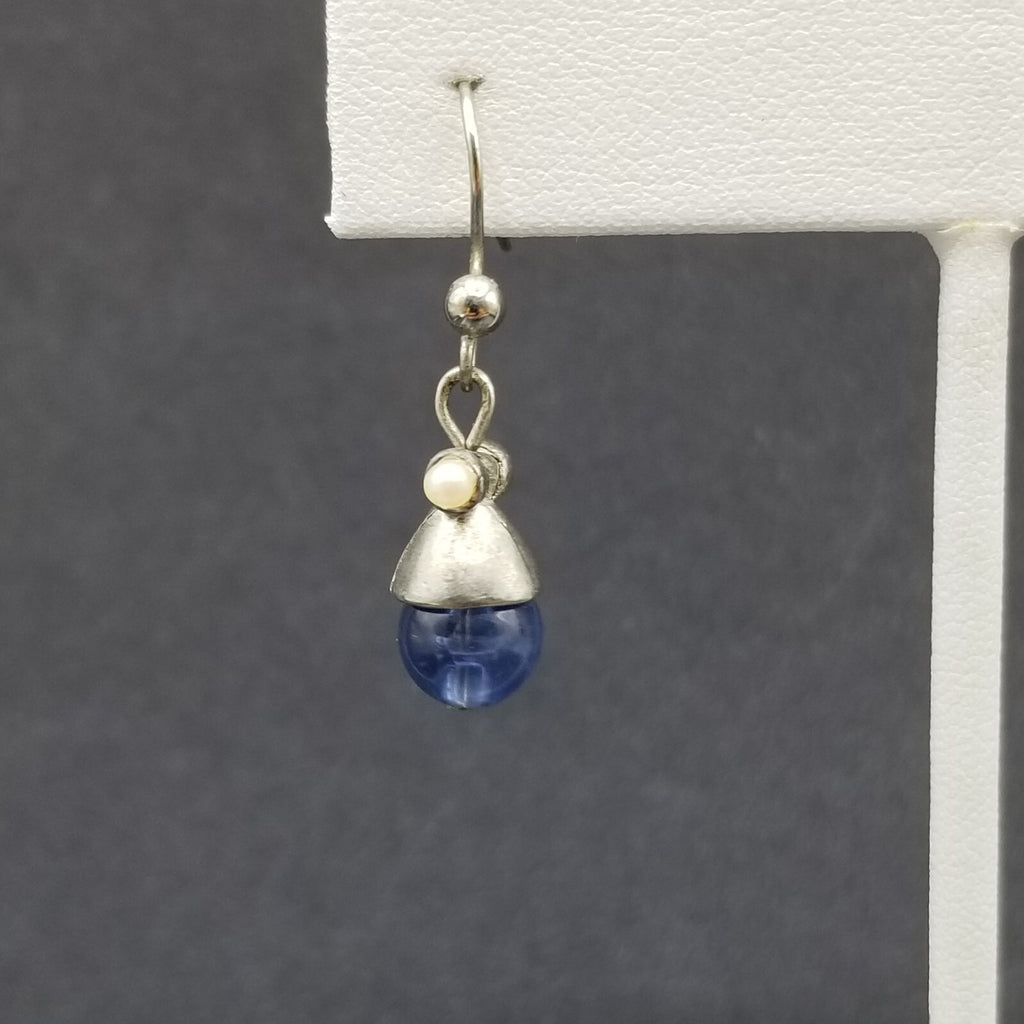 Pierced Earrings Silver tone Blue Crystal Bea Faux Pearl Dangle 1/2"