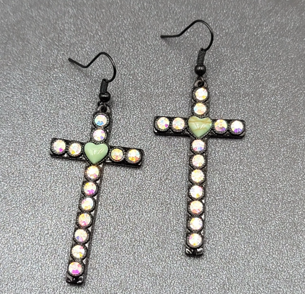 Cross Heart Pierced Earrings Black Metal Enamel AB Rhinestones Dangle 1 7/8"