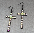 Cross Heart Pierced Earrings Black Metal Enamel AB Rhinestones Dangle 1 7/8"