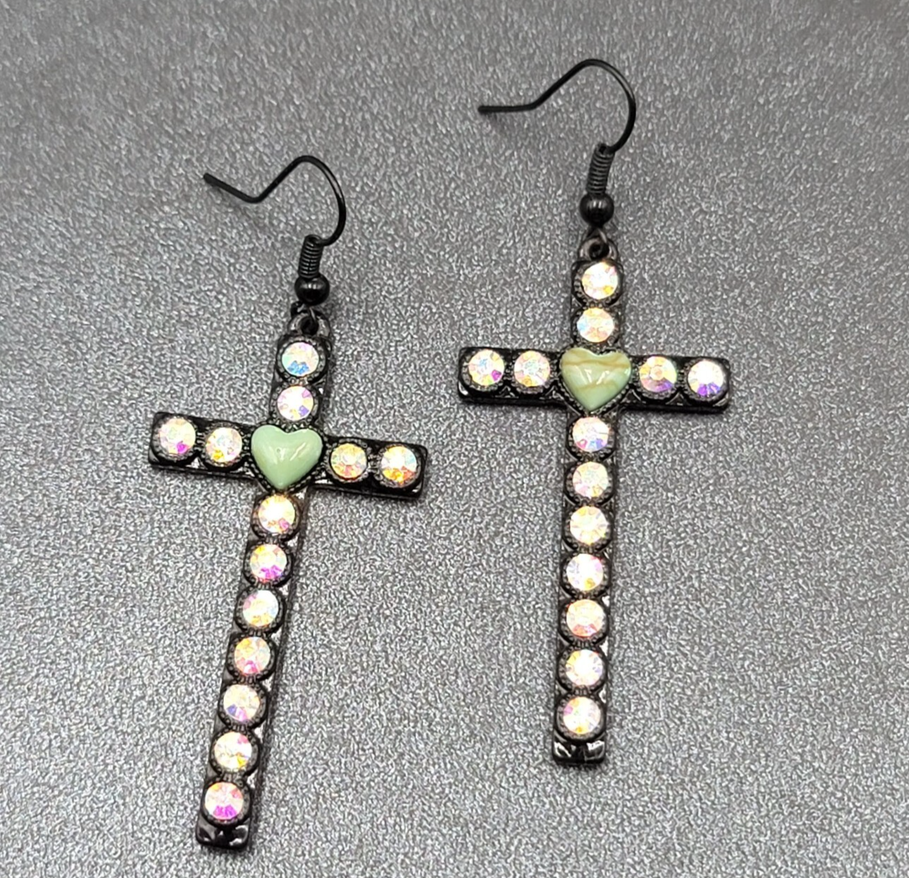 Cross Heart Pierced Earrings Black Metal Enamel AB Rhinestones Dangle 1 7/8"