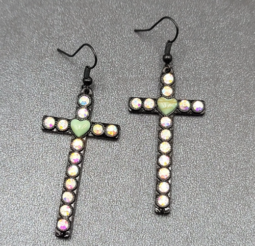 Cross Heart Pierced Earrings Black Metal Enamel AB Rhinestones Dangle 1 7/8"