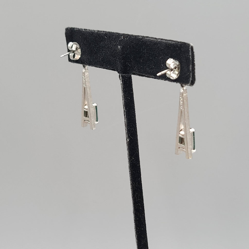 Vintage Avon Pierced Earrings Green Stone Silver tone Dangle  1.5 in