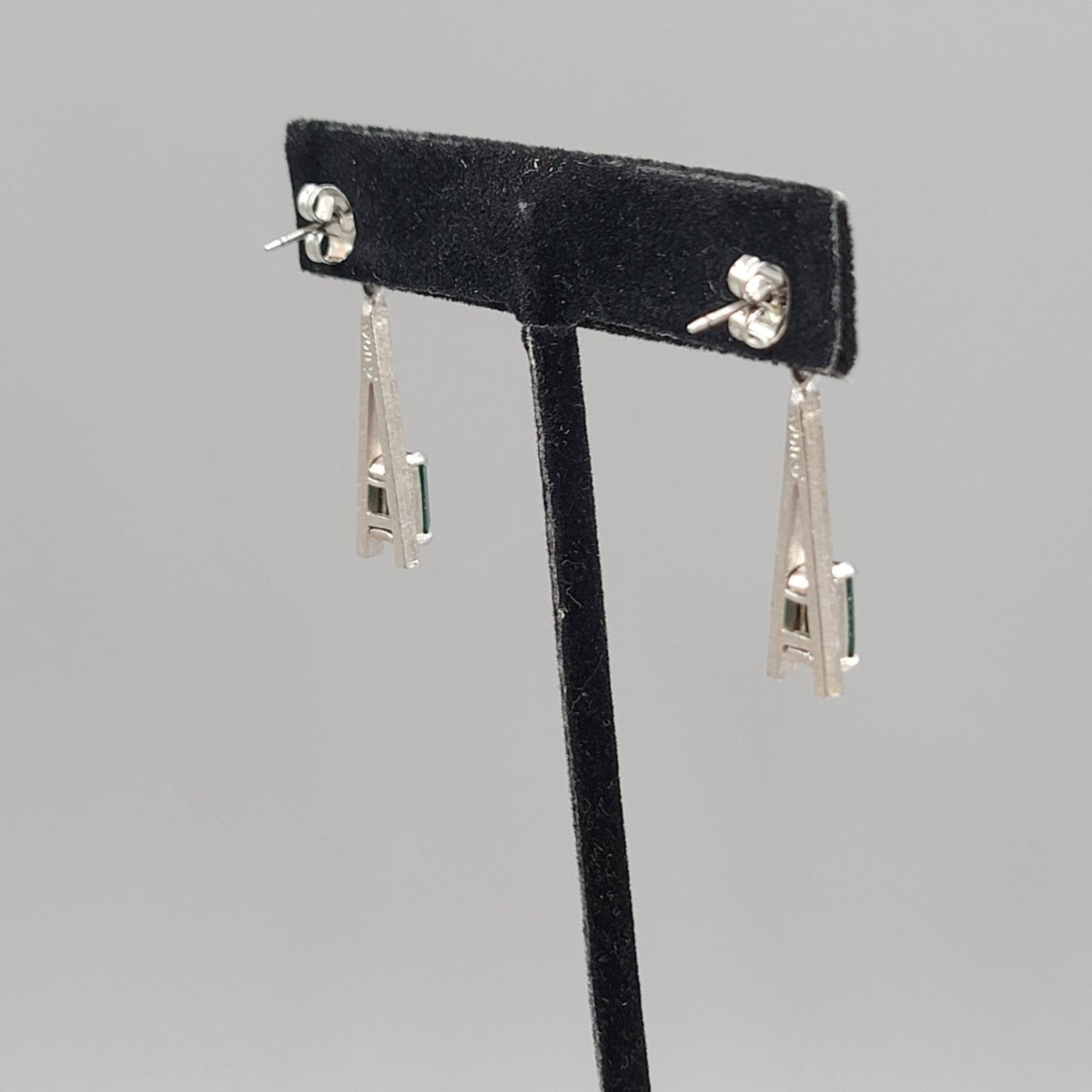 Vintage Avon Pierced Earrings Green Stone Silver tone Dangle  1.5 in