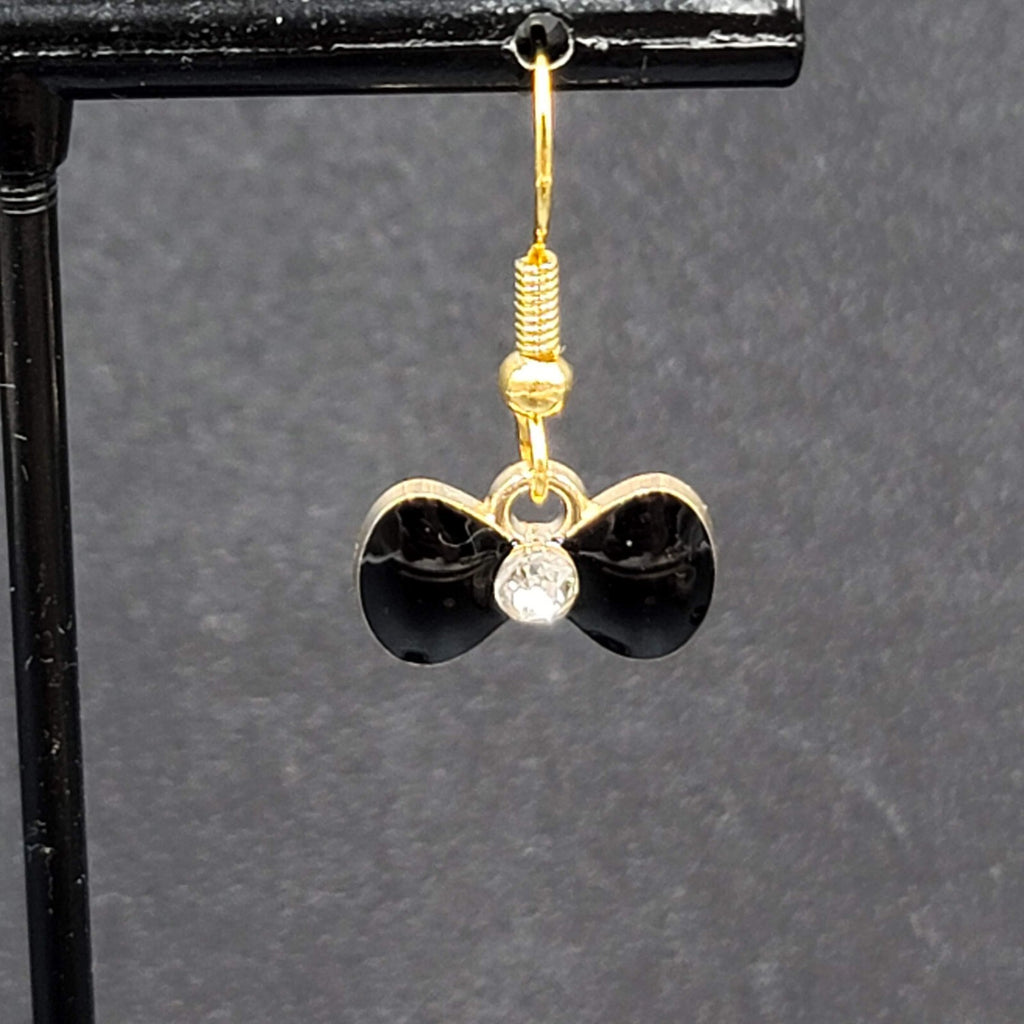 Bow Pierced Earrings Gold tone Crystal Black Enamel Dangle 3/8"
