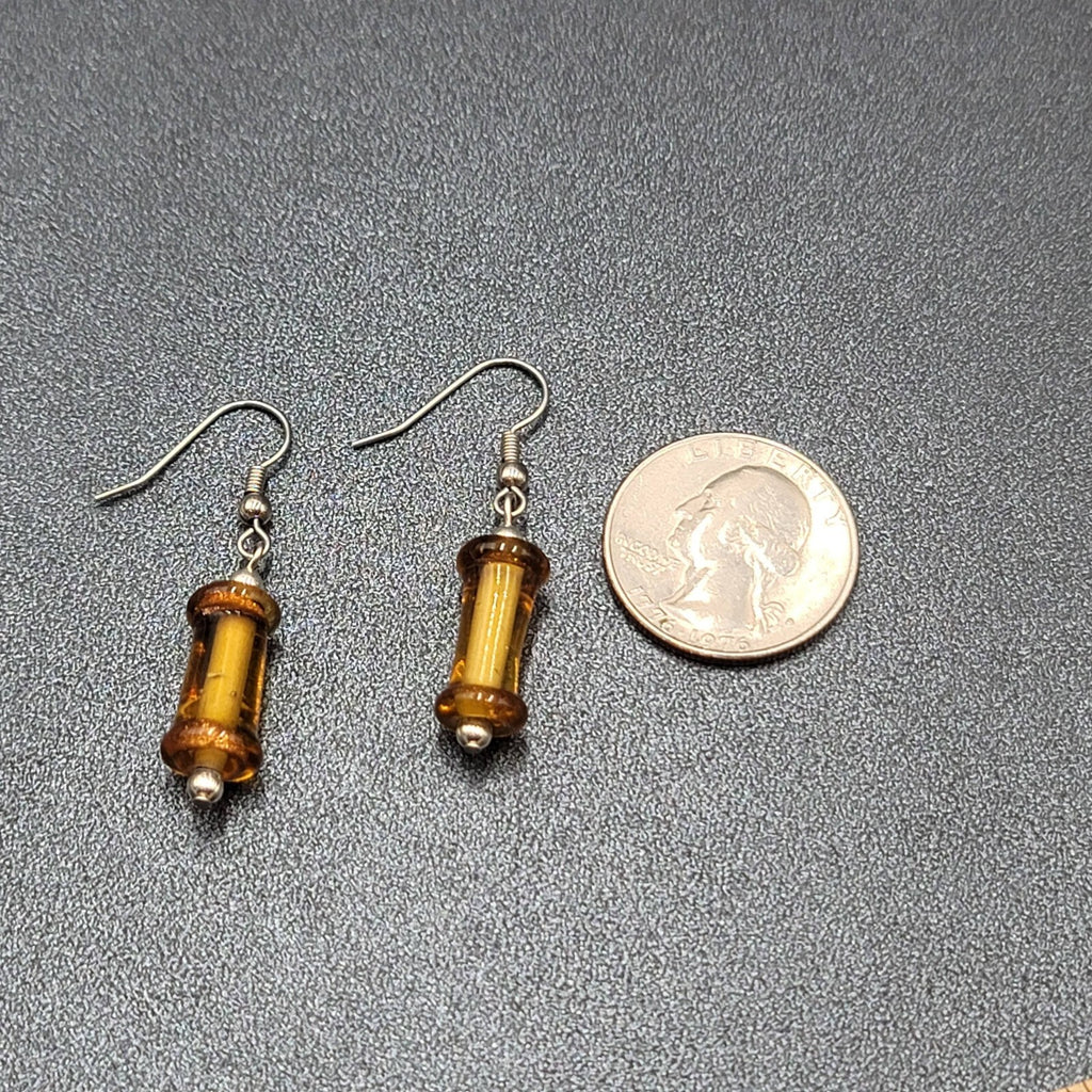 Pierced Earrings Silver tone Orange Art Glass Bead Dangle 1"