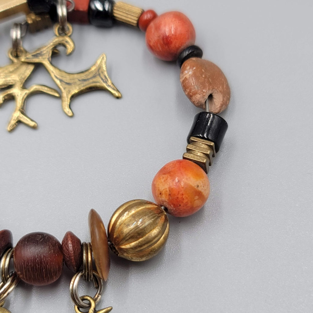 Stone Brass Animal Charm Bracelet Memory Wire Brown Orange