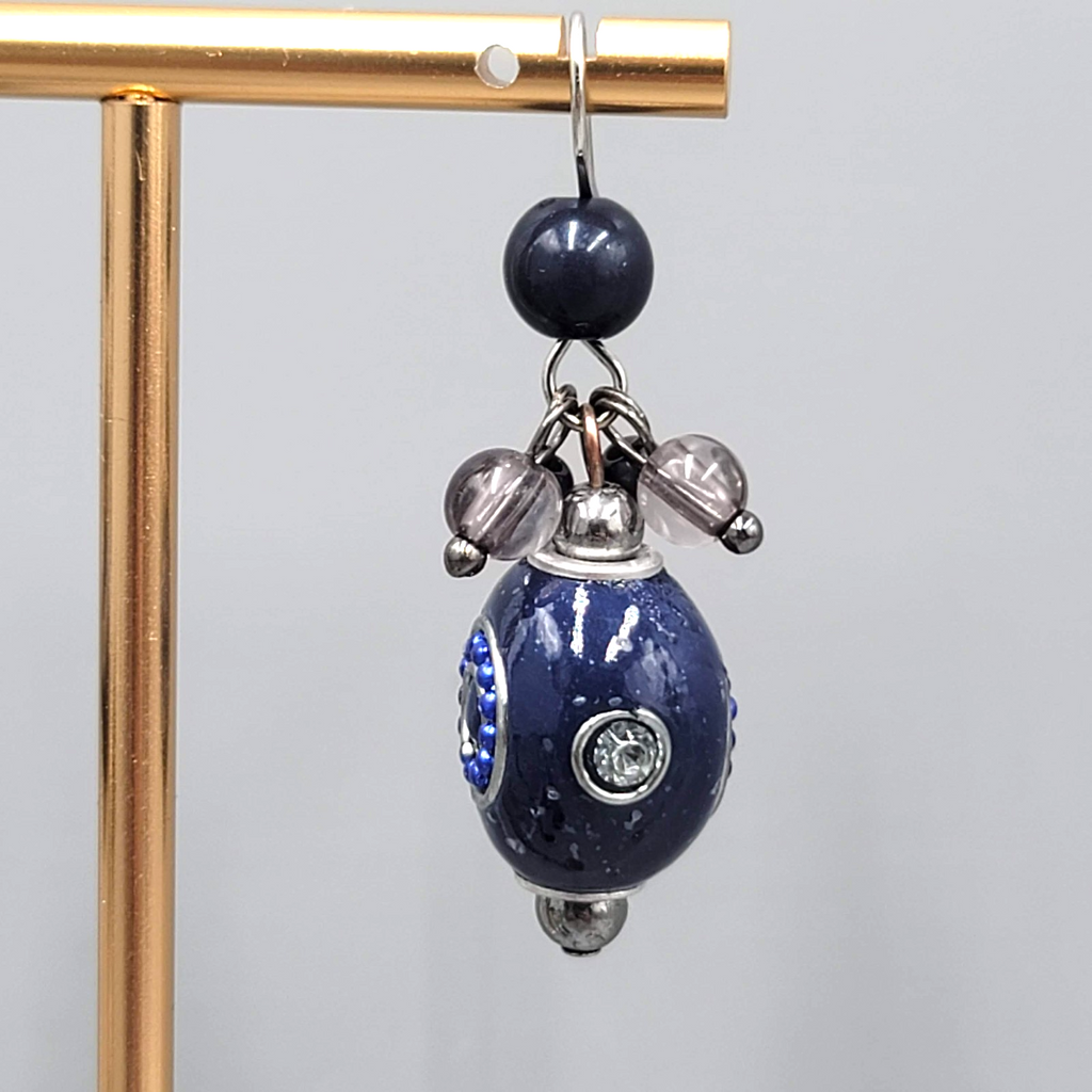 Blue Bead Pierced Earrings Crystal Silver tone Dangle 1.25 in