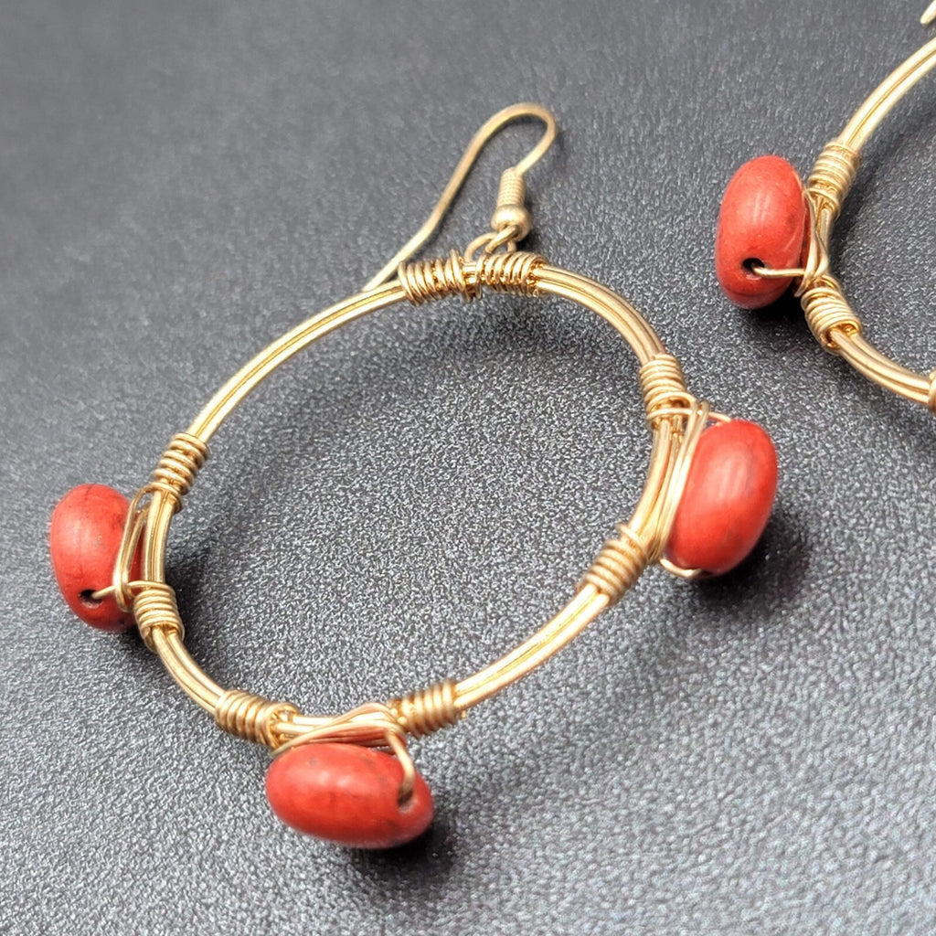 Pierced Earrings Gold tone Orange Stone Bead Dangle Hoops 1.75"