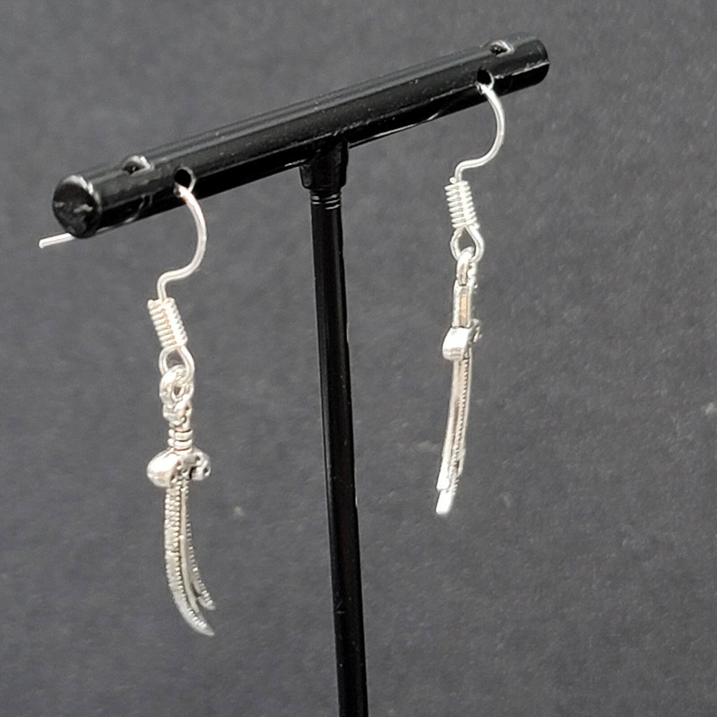 Pierced Earrings Scimitar Sword Silver tone Dangle 1"