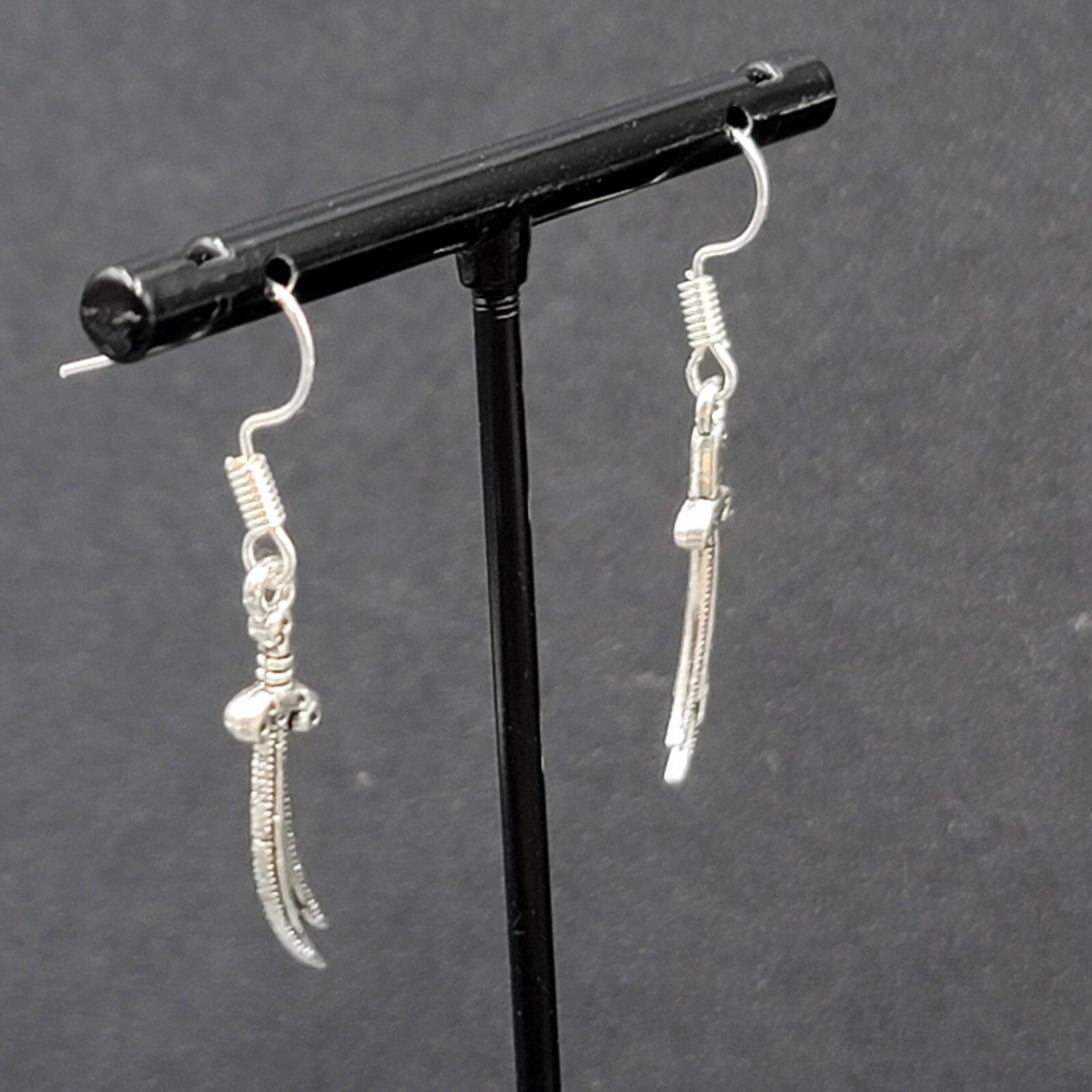 Pierced Earrings Scimitar Sword Silver tone Dangle 1"