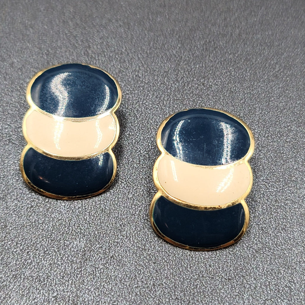 Vintage Pierced Earrings Navy Cream Enamel Drop 80's 1 3/8"