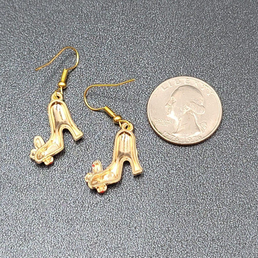 High Heel Shoes Pierced Earrings Gold tone Red Black Enamel Dangle 1"