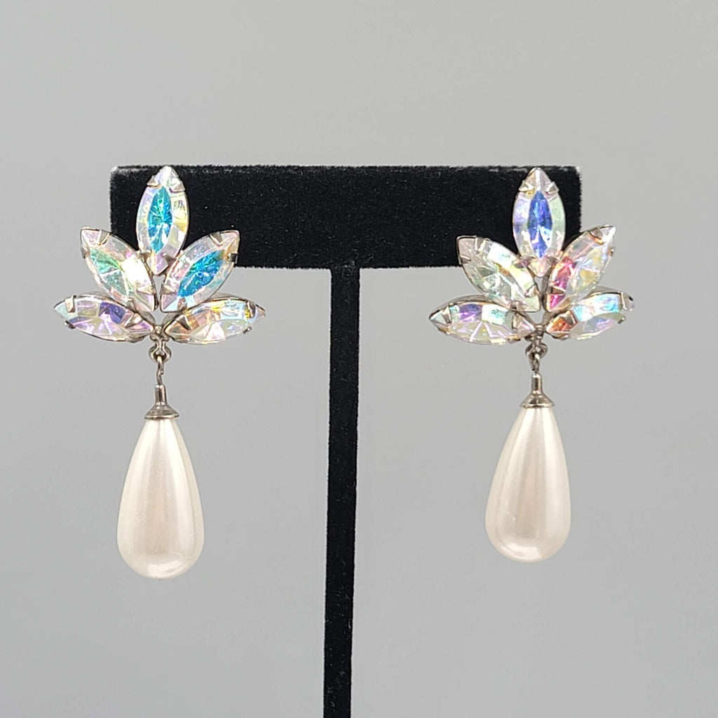 Vintage Statement Pierced Earrings Large AB Rhinestone Faux Pearl Teardrop 2.25"