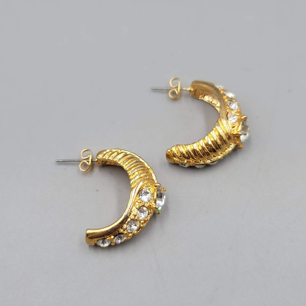 Half Hoop Rhinestone Pierced Earrings Gold tone Dangle Statement 1.25 in
