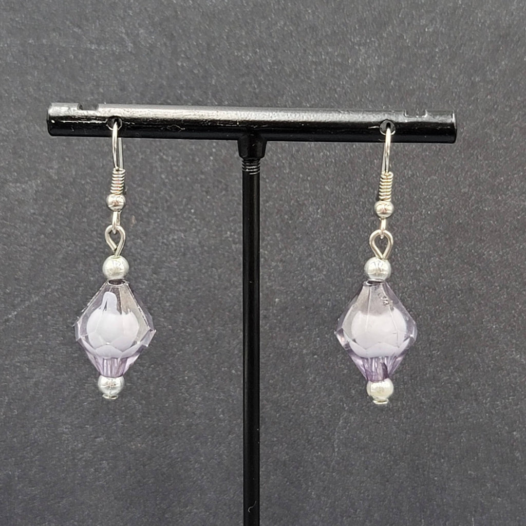 Pierced Earrings Silver tone Black White Art Bead Dangle 1"