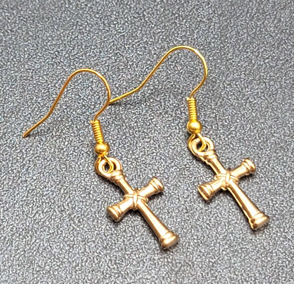 Cross Pierced Earrings Gold tone Dangle 3/4"