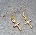 Cross Pierced Earrings Gold tone Dangle 3/4"