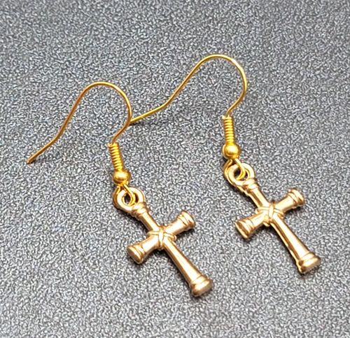 Cross Pierced Earrings Gold tone Dangle 3/4"