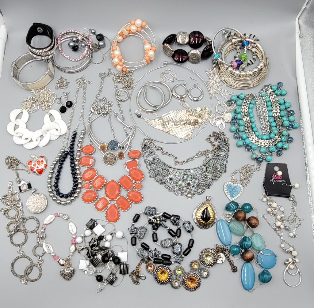 Silver tone Fashion Jewelry Lot of 39 Necklace Bracelets Earrings All Wearable