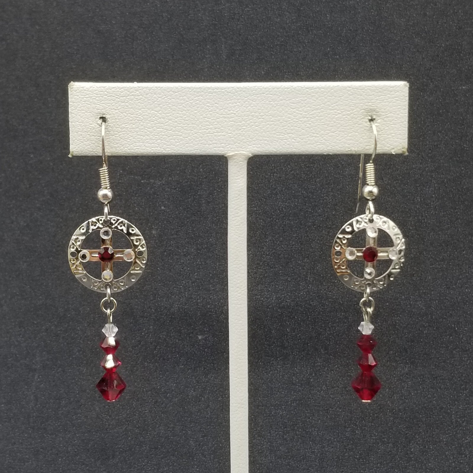 Pierced Earrings Silver tone Open Work Red Crystal Bead Statement Dangle 1 1/2"