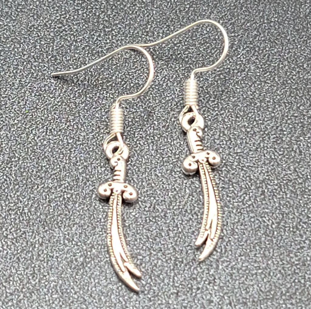 Pierced Earrings Scimitar Sword Silver tone Dangle 1"