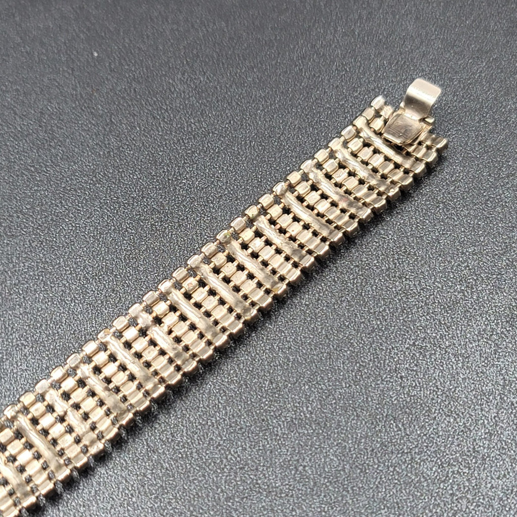 Vintage Wide Rhinestone Bracelet Silver tone 7 in