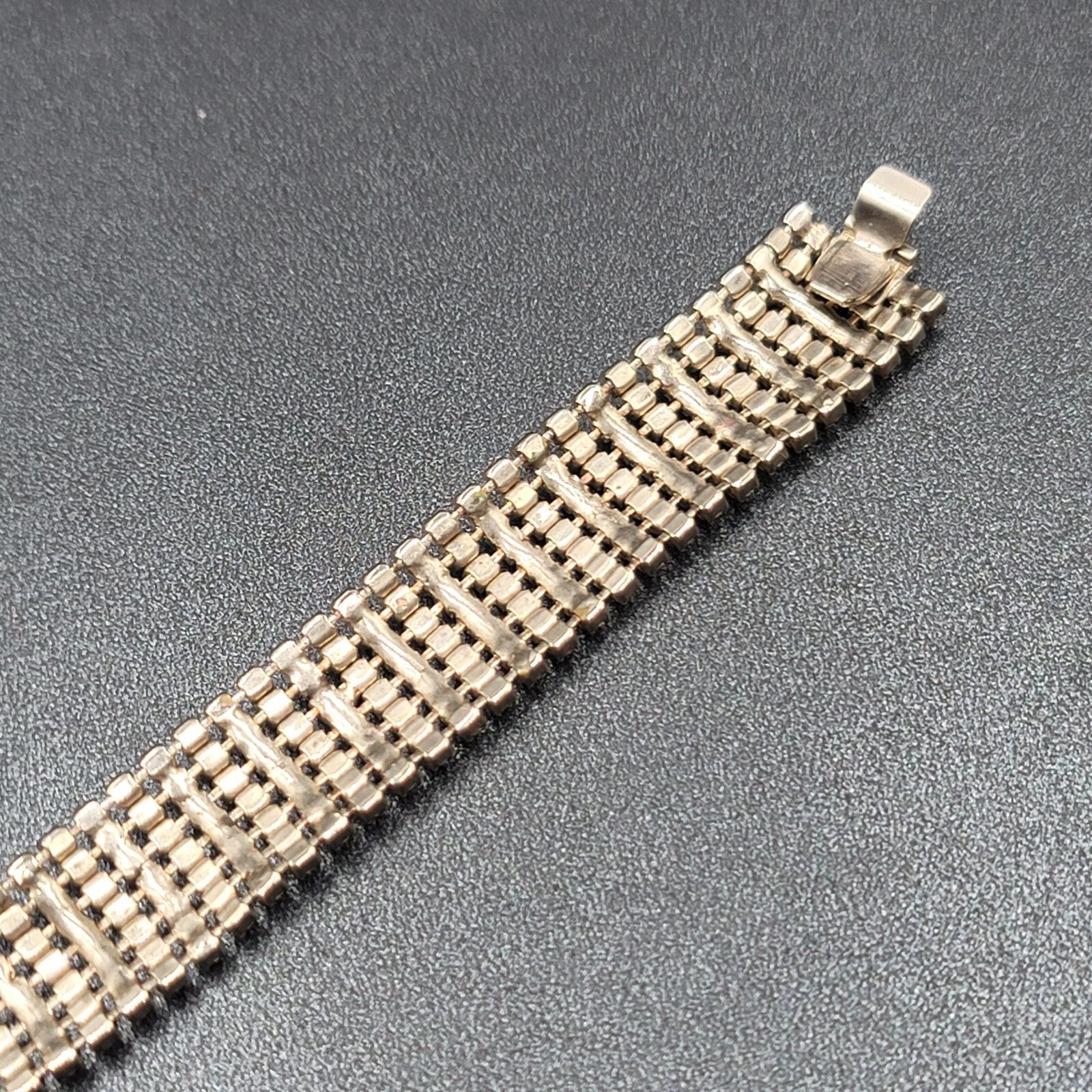 Vintage Wide Rhinestone Bracelet Silver tone 7 in