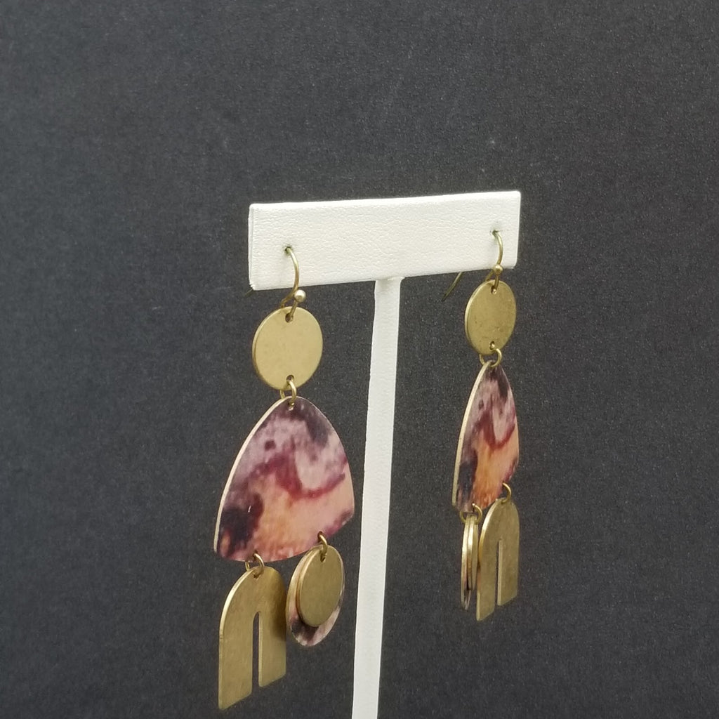 Pierced Earrings Gold tone Multicolor Geometric Statement Dangle 2 5/8"