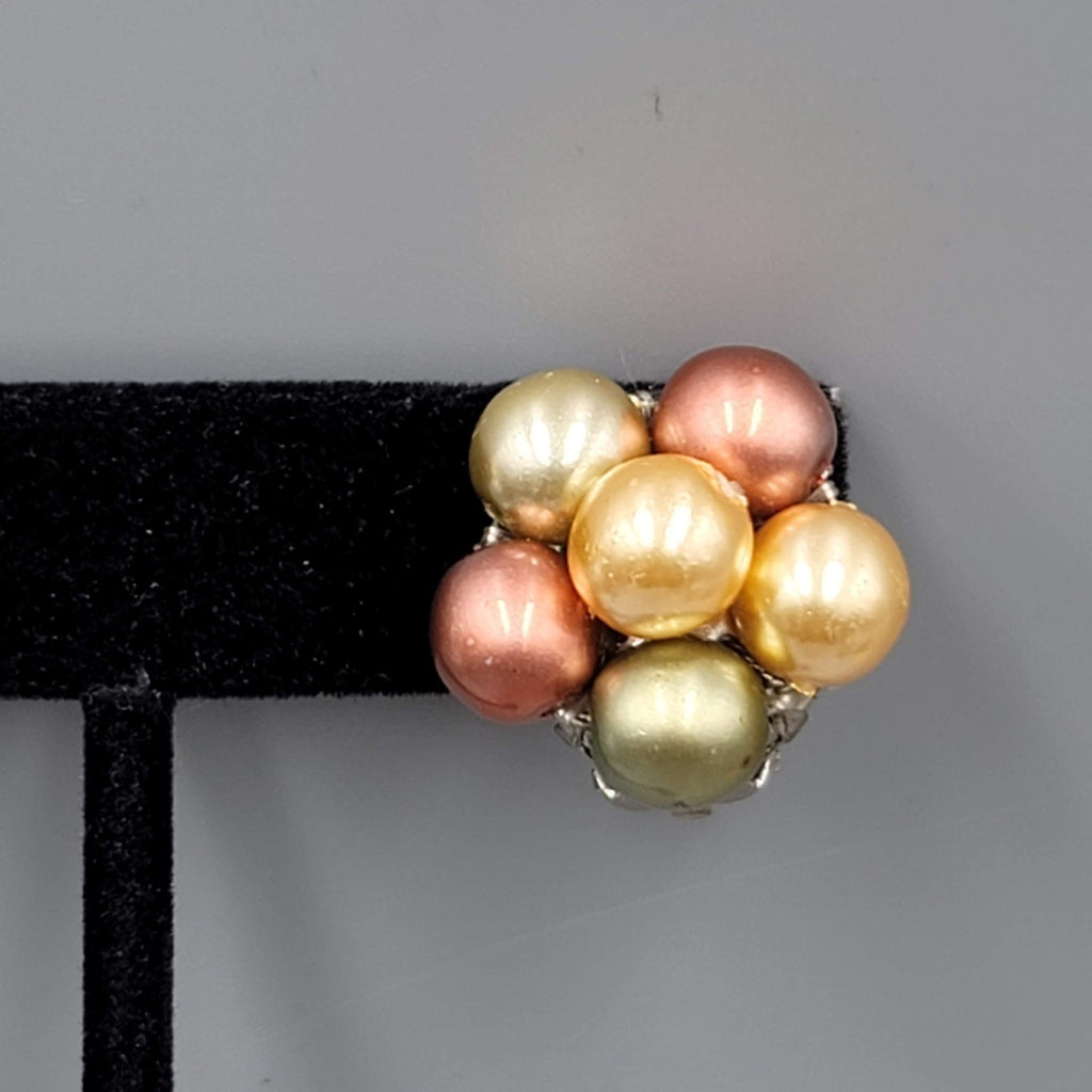 Vintage Cluster Clip on Earrings Green Gold tone Rose Bead 3/4"
