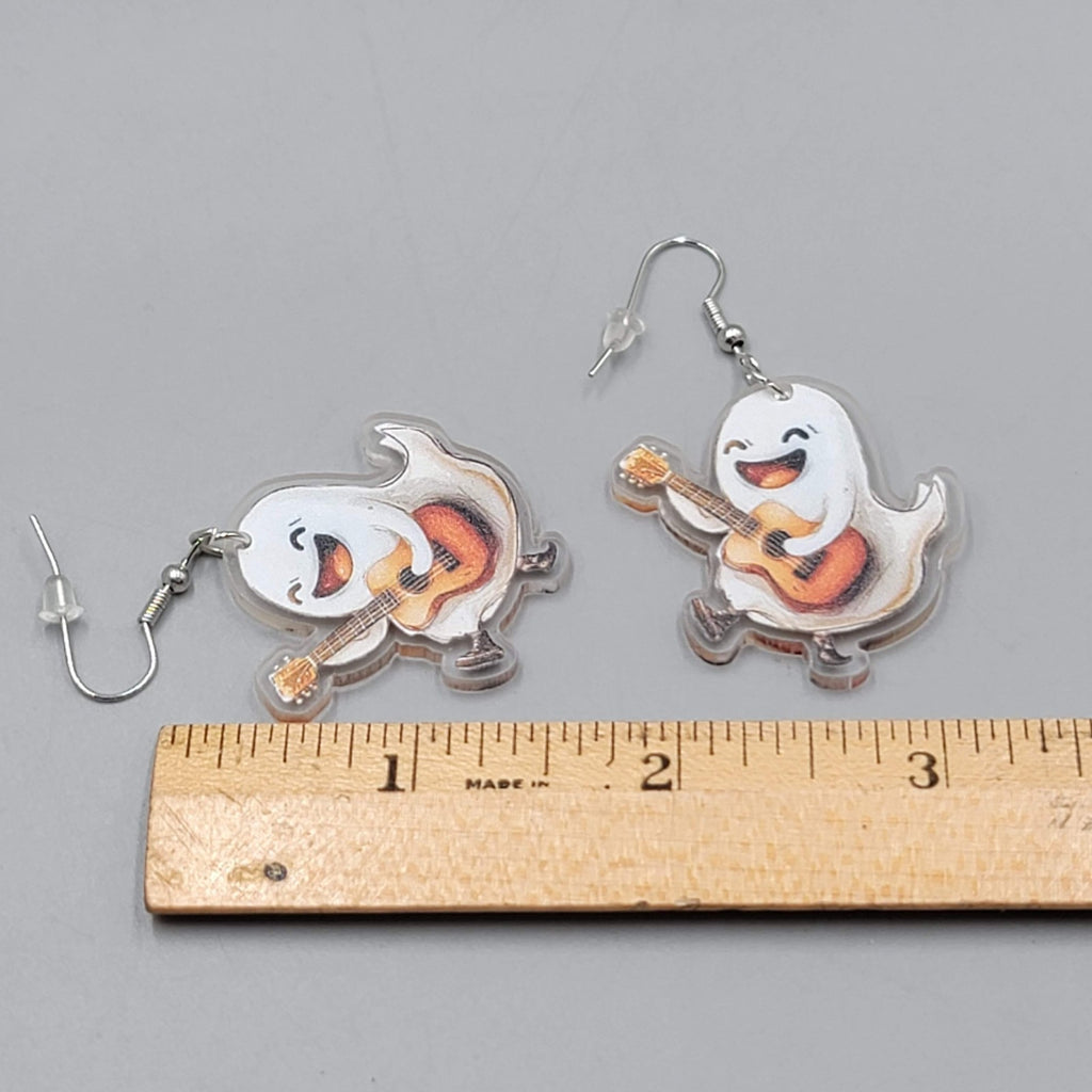Halloween Ghost Acoustic Guitar Pierced Earrings Silver tone Dangle 1.5 in