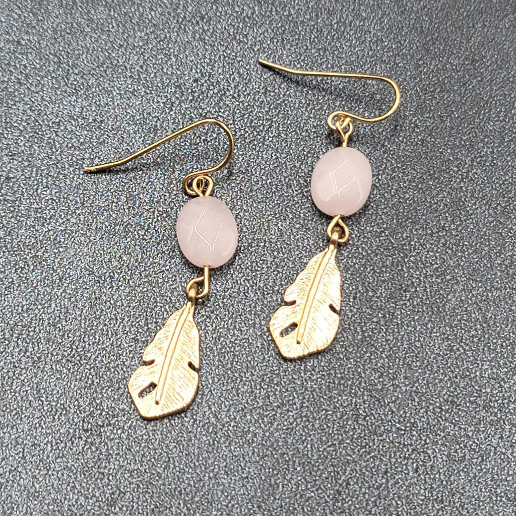 Pierced Earrings Gold tone Pink Quartz Metal Feather Dangle 1 3/8"