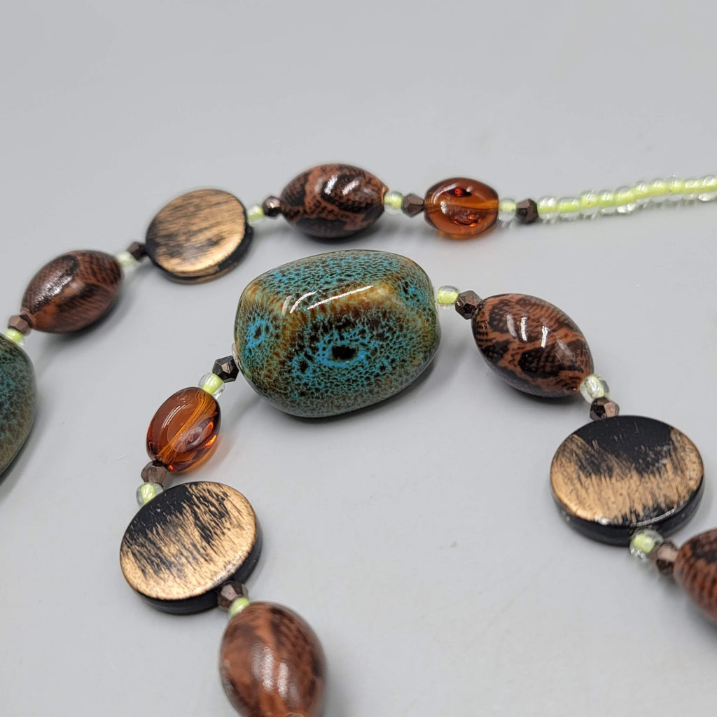 Statement Pottery Bead Necklace Eclectic Multicolor 24"