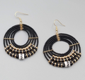 Pierced Earrings Black Gold tone Bead Hoops Boho Dangle 2"