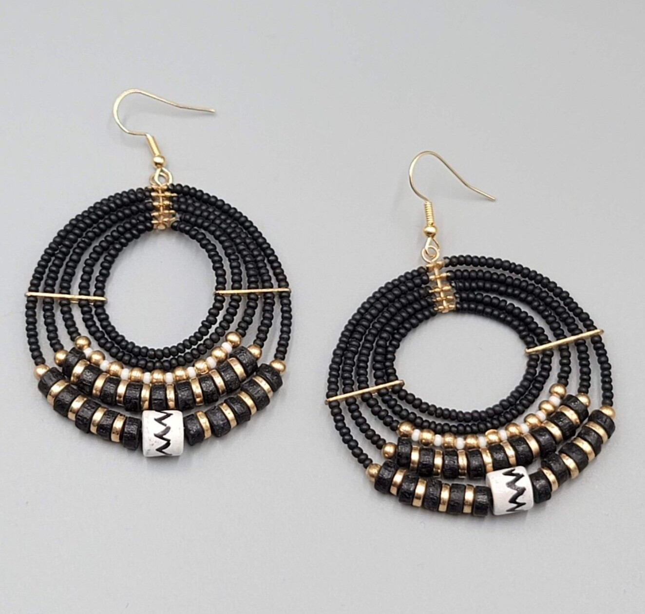 Pierced Earrings Black Gold tone Bead Hoops Boho Dangle 2"