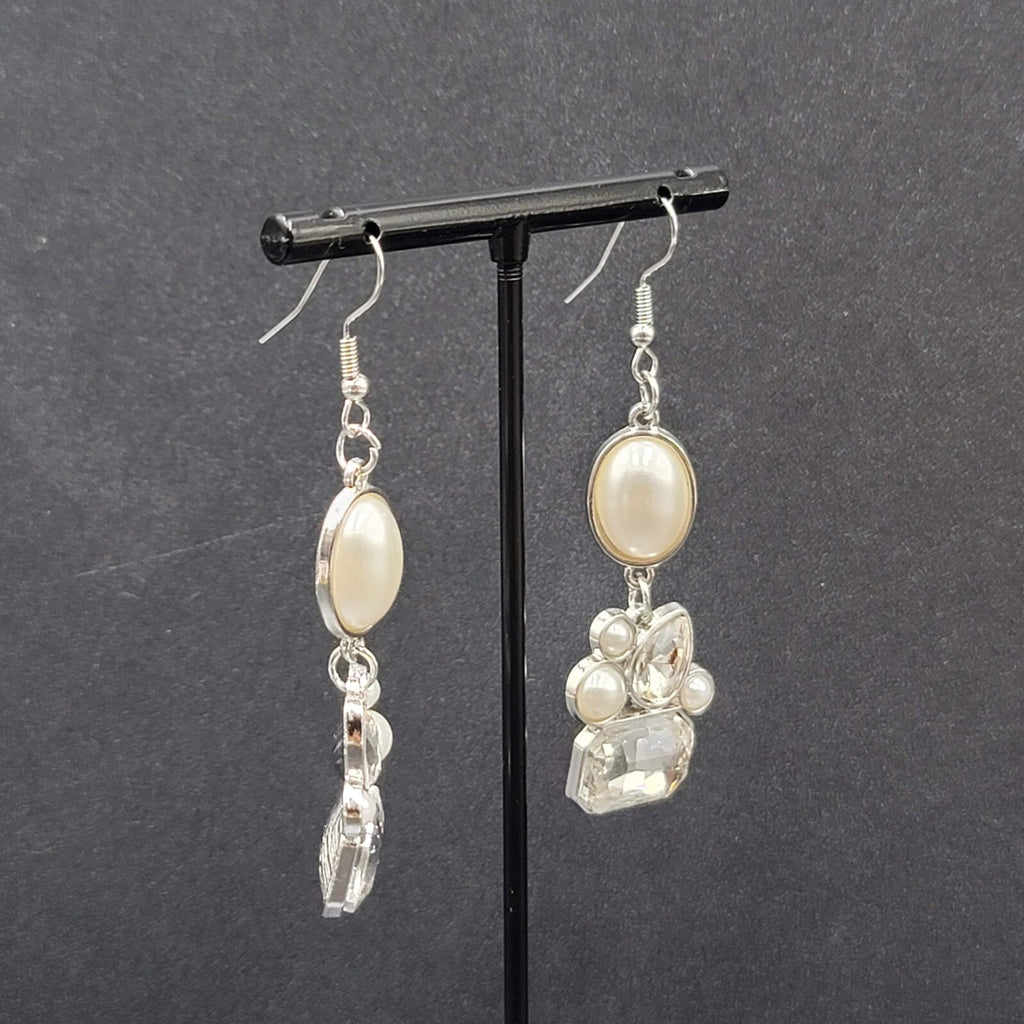 Pierced Earrings Silver Plated Faux Pearl Glass Accents Dangle 1.75"