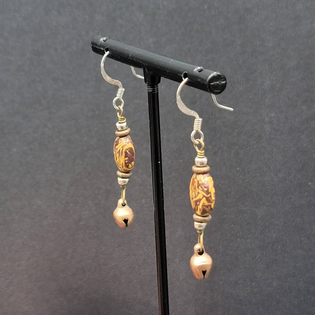 Pierced Earrings Brown Bead Copper Bell Dangle 1.25"