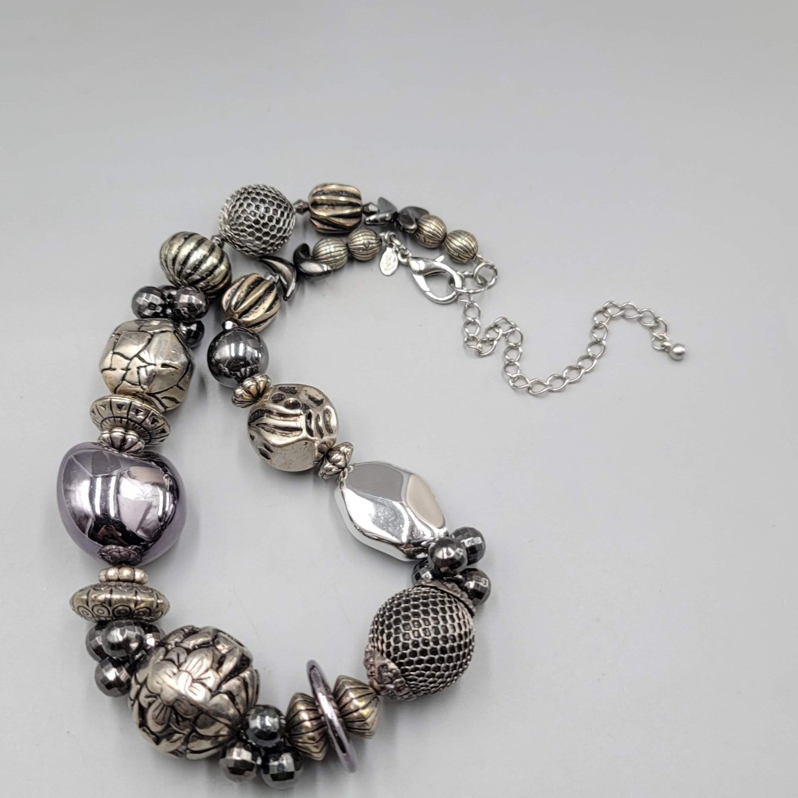 Large Statement Bead Necklace Silver toen Gray Black 16"-20"