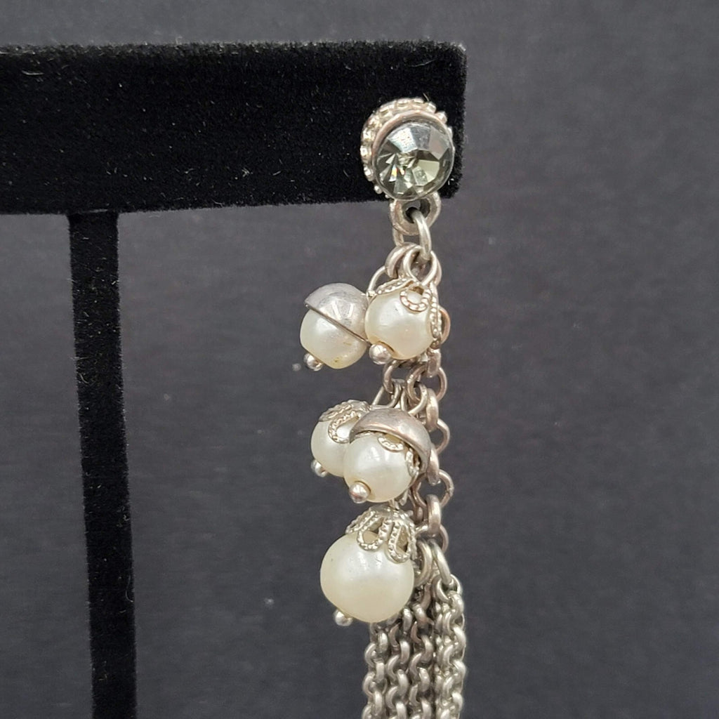 Pierced Earrings Long Multi Chain Faux Pearl Silver tone Dangle 3.25"