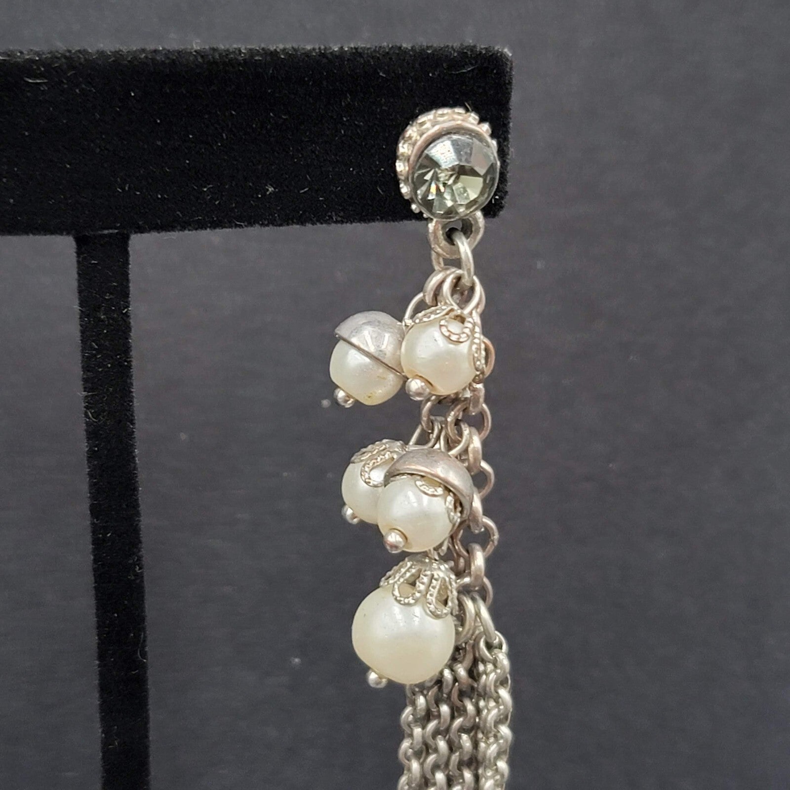 Pierced Earrings Long Multi Chain Faux Pearl Silver tone Dangle 3.25"