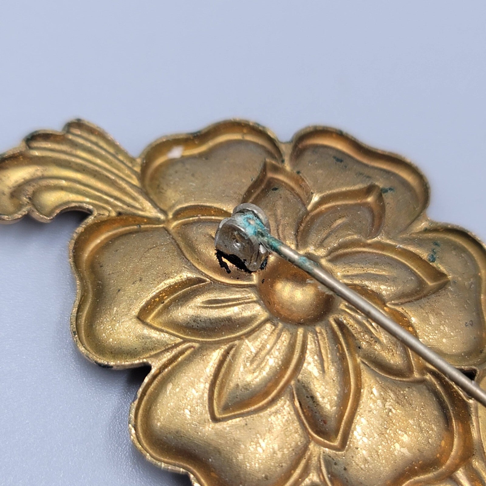 Vintage Flower Brooch Embossed Gold Tone Metal 3 3/8""