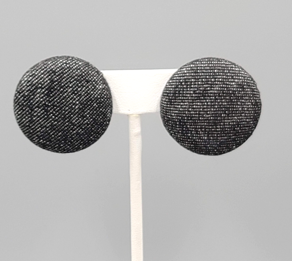Vintage Black Denim Clip on Earrings Round Drop 1 1/8"
